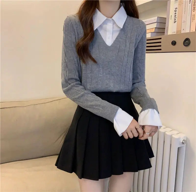 Fake Two Shirts, Knitted Sweater Women's Autumn/winter New Item Shirt Collar Niche Sweater Long Sleeved Top Inner Layer as Base