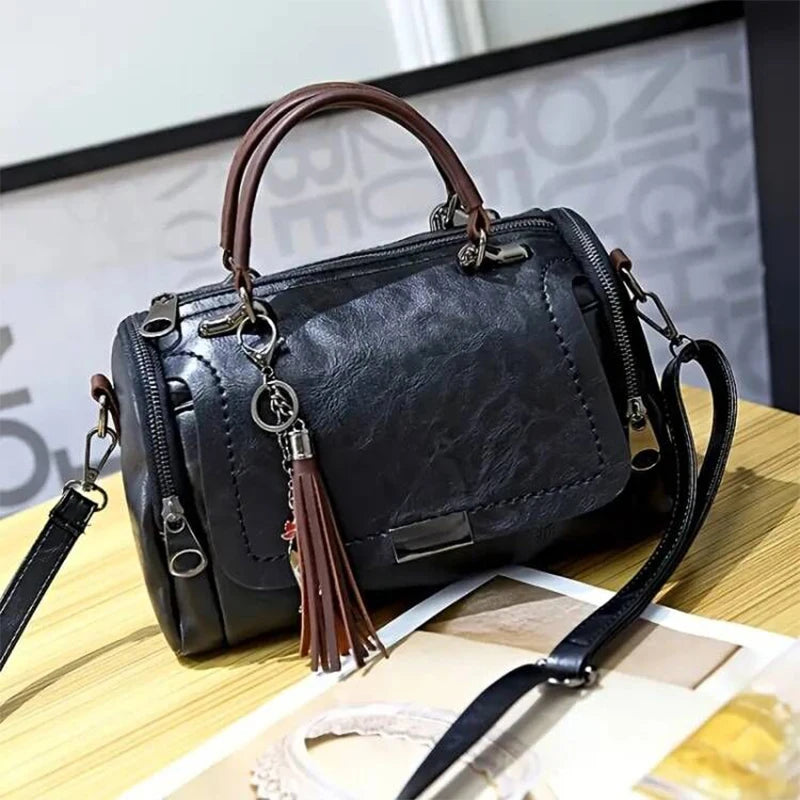 Textured Crossbody Satchel with Tassel Charm