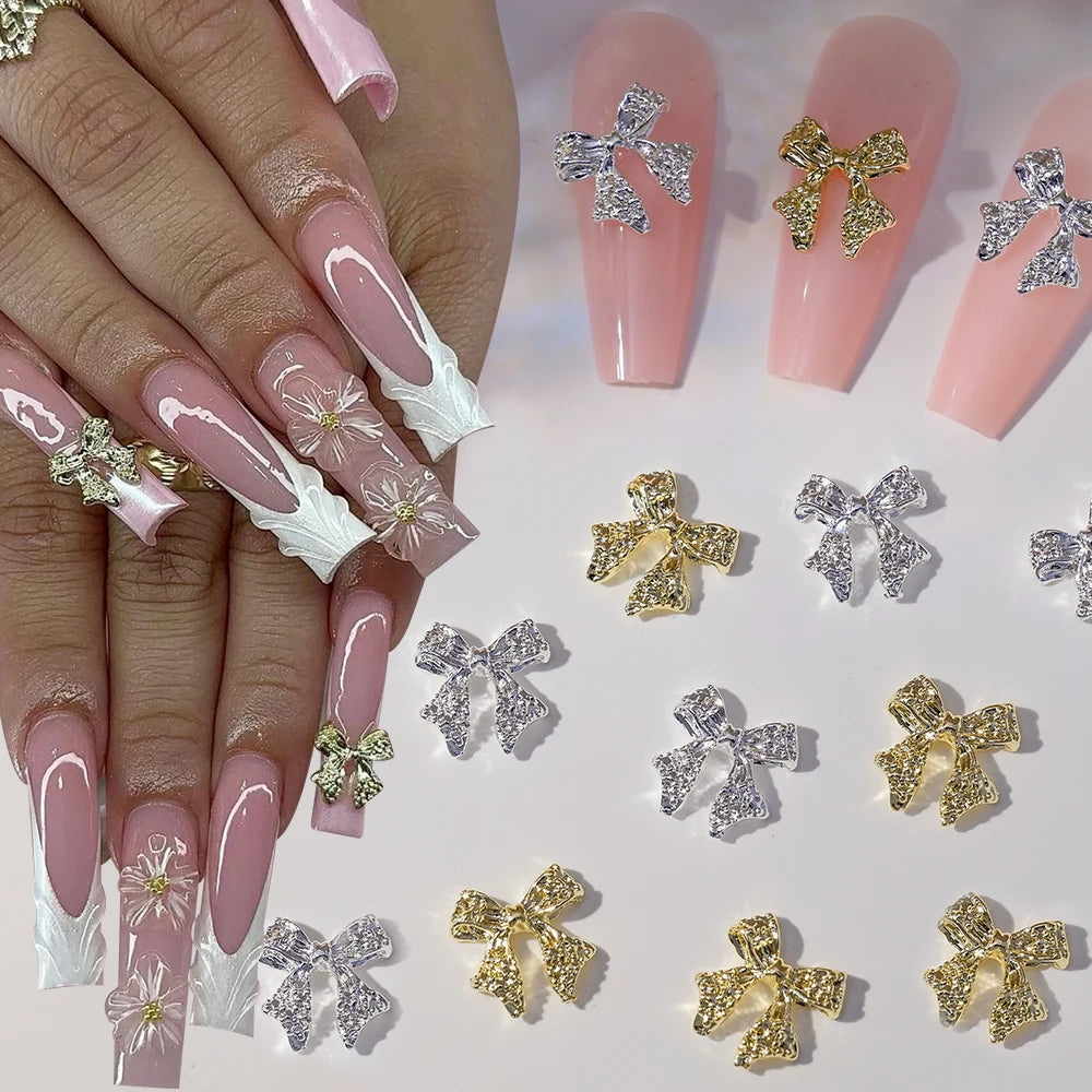 50Pcs Gold/Silver Metal Alloy Ribbion Bowknot Nail Charms 10x11mm Alloy Bowknot Nail Art 3D Luxury Metal Bow Manicure Parts