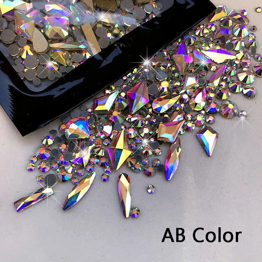 180pcs AB Flatback Glass Nail Art Rhinestones Multi-shape Mixed Diamond Gems Blue Purple Crystal Stones For DIY Nail Decoration