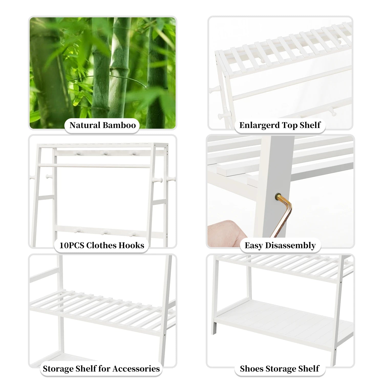 Free Standing Garment Rack Heavy Duty Bamboo Clothes Hanging Stand with Storage Shelves and Hooks