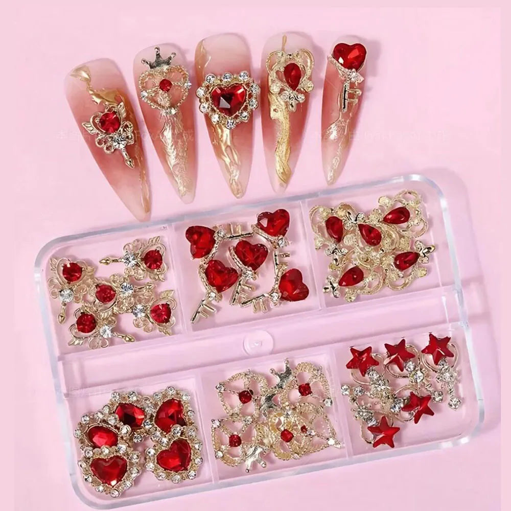 30Pcs-6gGrids Luxury Sailor&Moon 3D Red Crystal Nail Charms Gold Alloy Metal Love-Heart Diamond Nail Decor DIY Manicure Jewelry