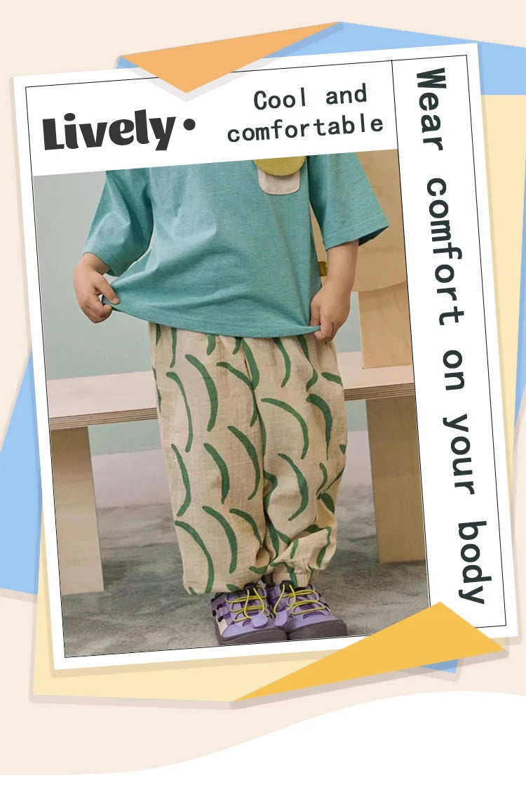 Kids Printed Mosquito-Repellent Pants Summer Boys Girls Pure Cotton Breathable Elastic Cuff Trousers for Baby Toddler Outdoor