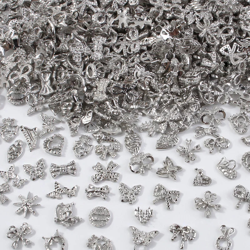 50Pcs 3D Mixed Random Luxury Nail Charms Metal Gold/Silver Butterfly/Bowknot Nail Art Decoration With Crystal Manicure Jewelry