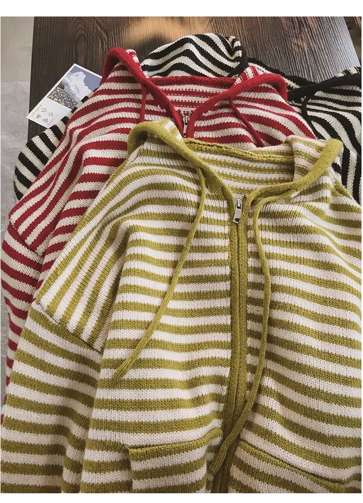 Contrast Color Stripe Hood Knit Cardigan Women Autumn and Winter New Loose Design Sense Long Sleeve Cardigan Sweater Outerwear