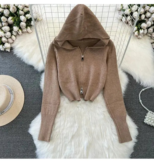 Zipper Hooded Slim Fit Knitted Sweatshirt Set