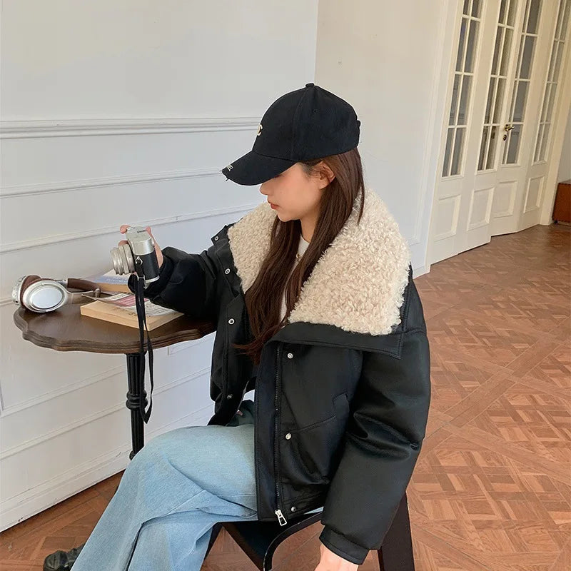 Fleece Thicken Warm Short Shearling PU Leather Jacket