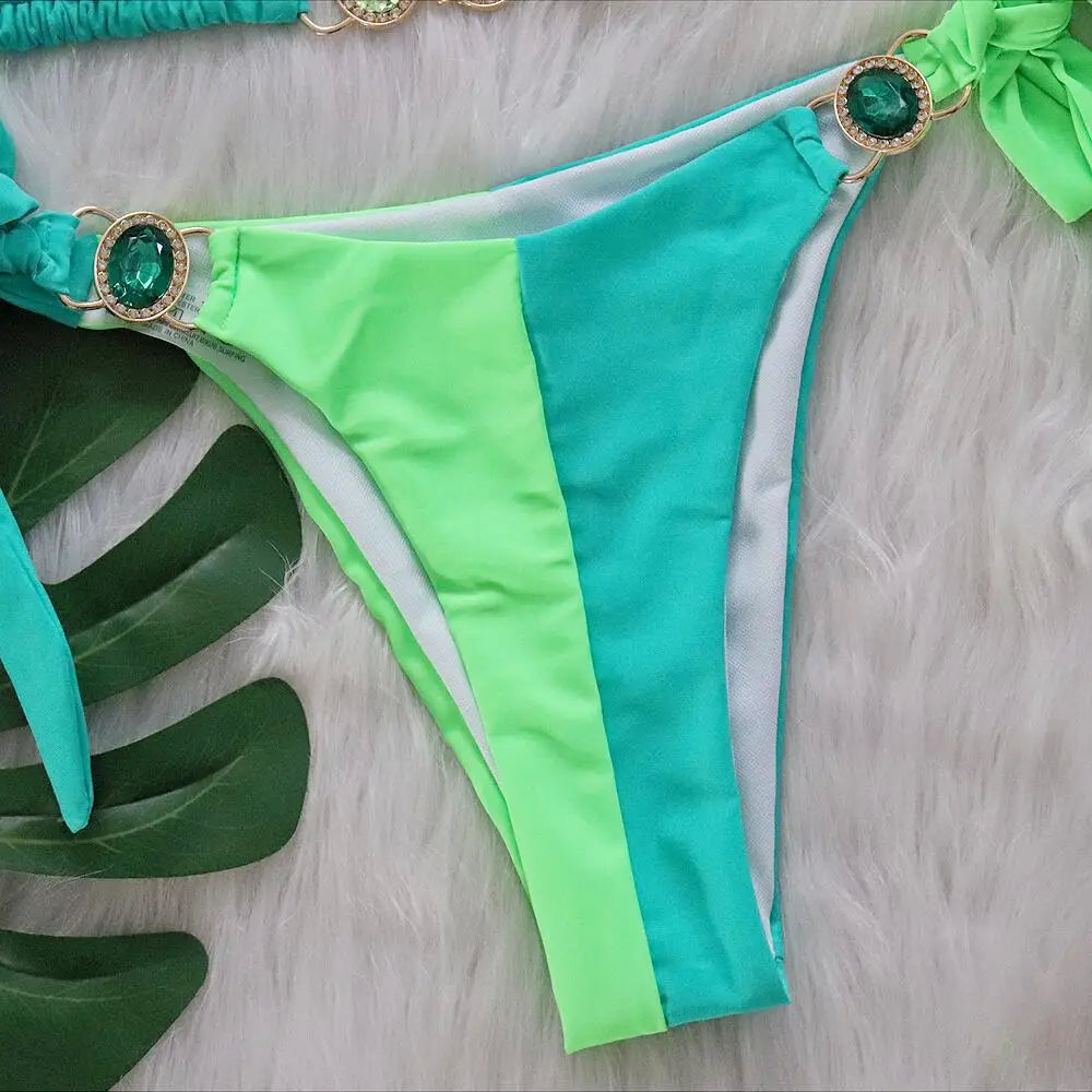 Rhinestones Splicing Bikini Set