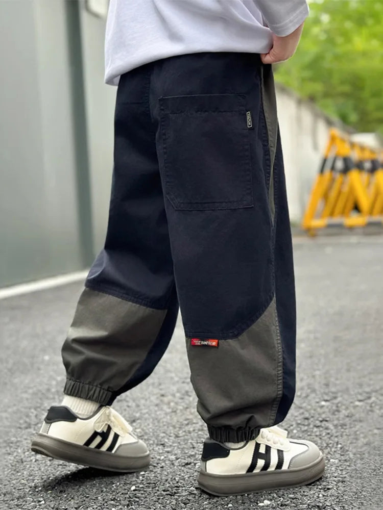 New Spring Autumn Fashion Splicing Style Boys Pants Loose Patchwork Sport Overalls Cargo Trousers For 4-14 Years Old Kids