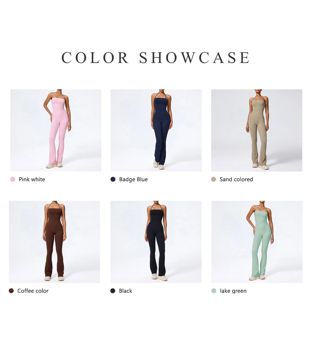 NewFall/Winter Women Sleeveless Yoga Jumpsuit Female Gym Flared Overalls Neck-hanging Backless Sportswear Sport Outfit For Woman