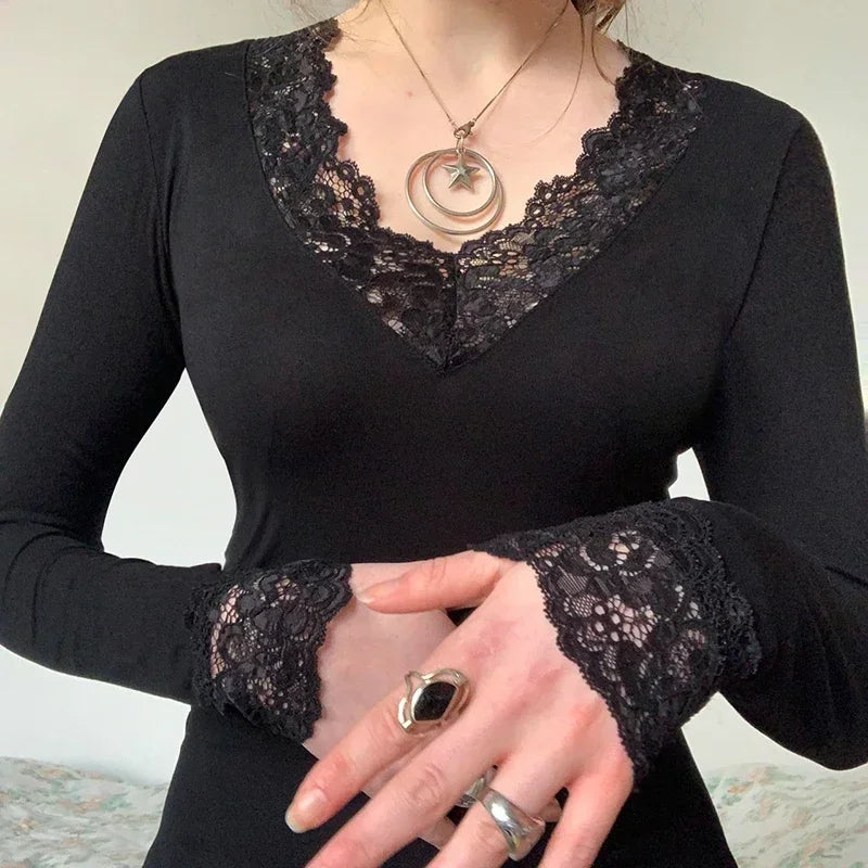 Lace Patchwork Black Skinny Elegant T-Shirt