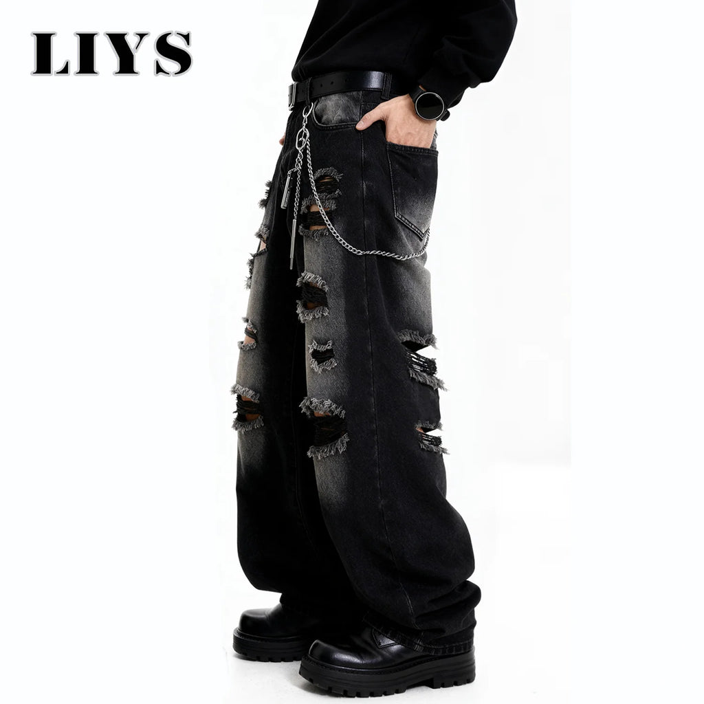 Retro Black Baggy Wide Leg Ripped Jeans