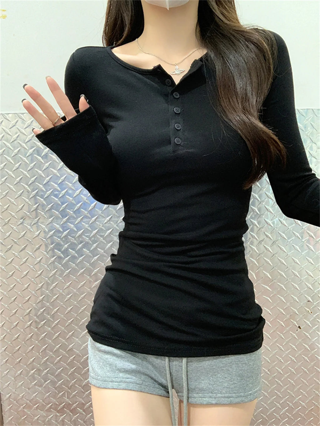 Slim Long Sleeve Shirts Button Solid Pullover Top