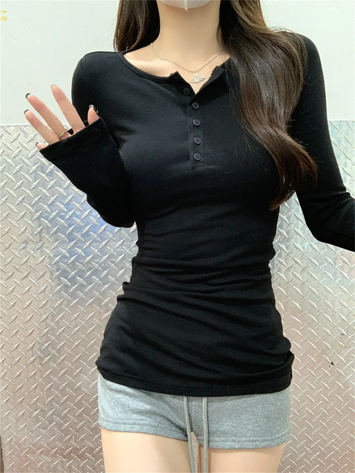Slim Long Sleeve Shirts Button Solid Pullover Top