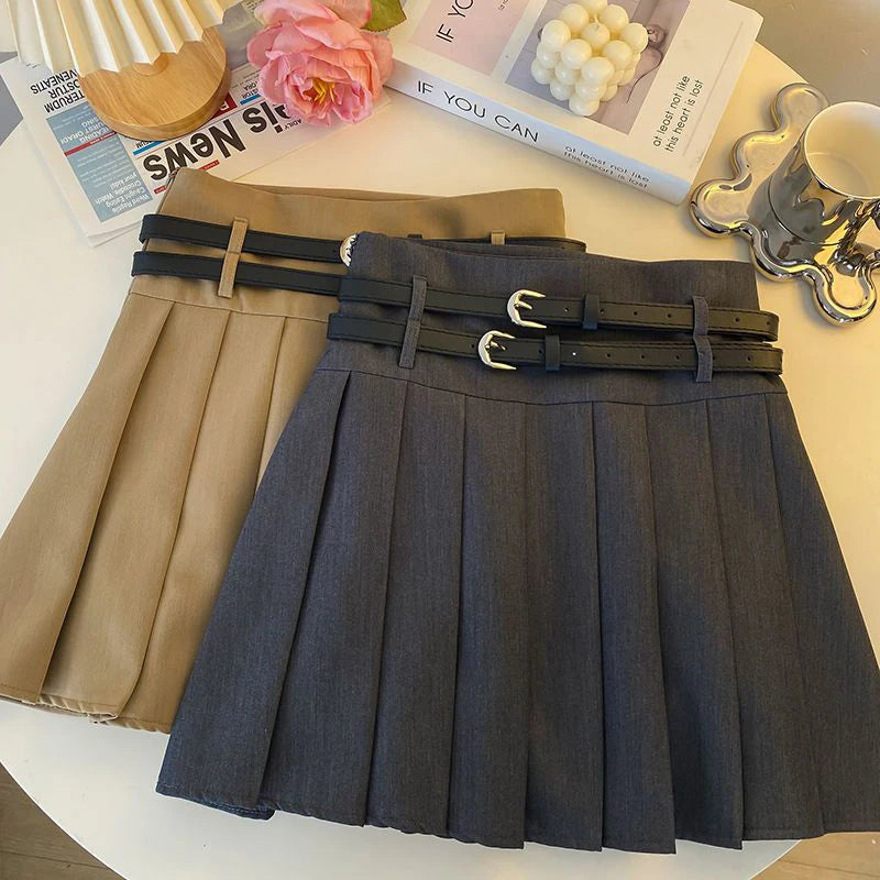 Double Belt Pleated Skirt