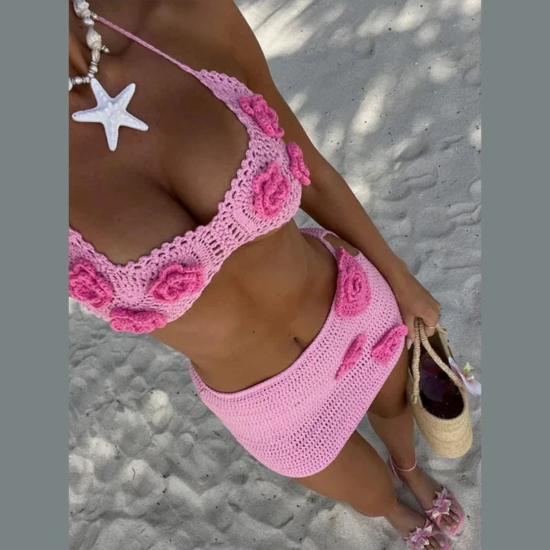 Sexy Beach Knit Outfits Women Crochet Flower Bikini Mini Skirt Sets 2025 Summer Halter Sleeveless Backless Top Holiday Suits