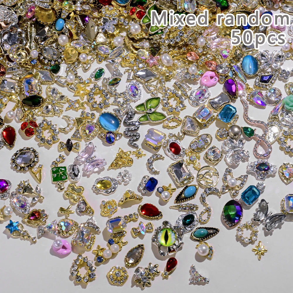 50Pcs 3D Mixed Random Luxury Nail Charms Metal Gold/Silver Butterfly/Bowknot Nail Art Decoration With Crystal Manicure Jewelry