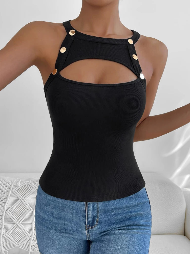 Front Cutout Contrast Mesh Button Detail Top