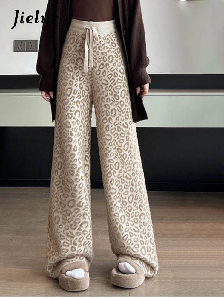 Leopard Print Contrast Color Basic Full Length Wide Leg Pants