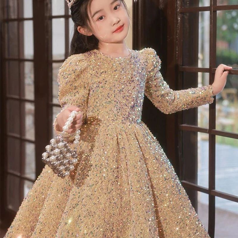 2-12 Yrs Flower Girls Dress Wedding Birthday Dress Golden Sequin Lace First Communion Dresses for Girls Baptism Party Vestidos