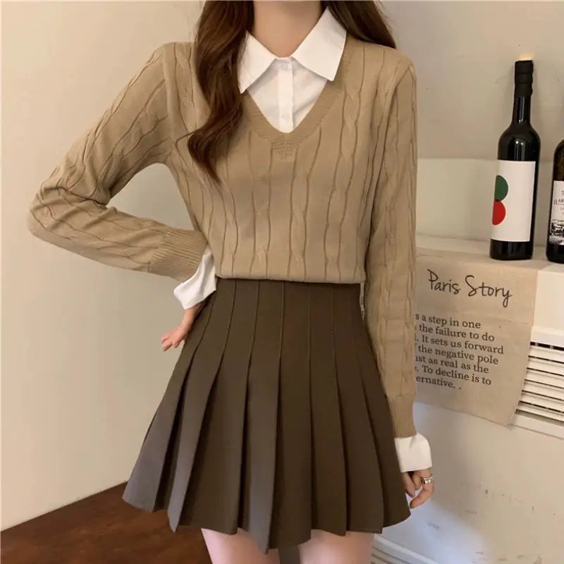 Fake Two Shirts, Knitted Sweater Women's Autumn/winter New Item Shirt Collar Niche Sweater Long Sleeved Top Inner Layer as Base