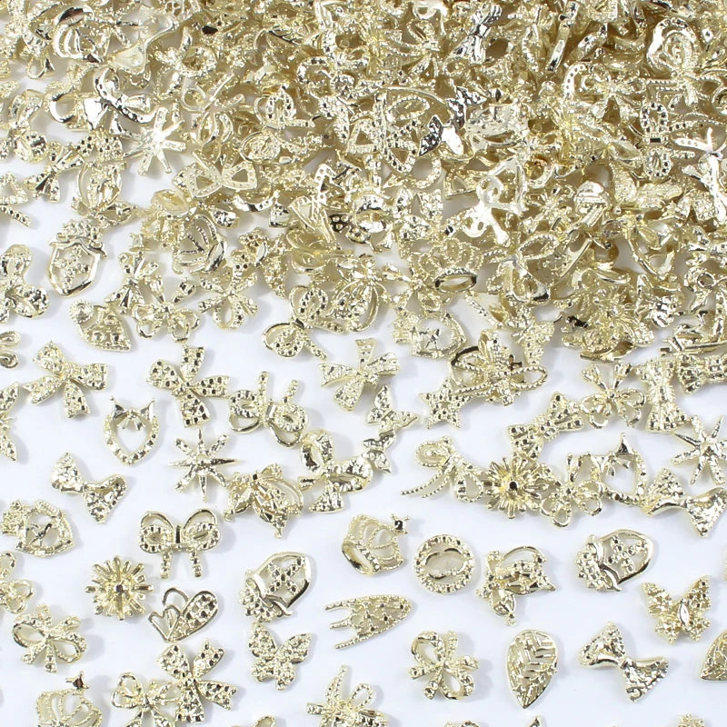 50Pcs 3D Mixed Random Luxury Nail Charms Metal Gold/Silver Butterfly/Bowknot Nail Art Decoration With Crystal Manicure Jewelry