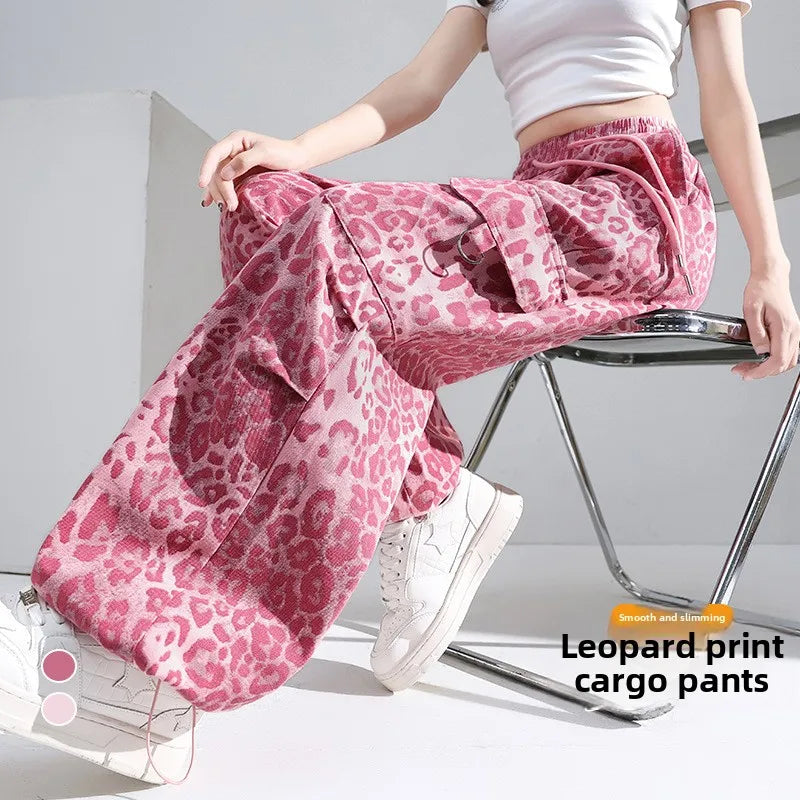 Women's Casual Pants Fall Fashion Pink Leopard Print Straight Leg Jazz Dance Workwear Trousers with Pockets American Style