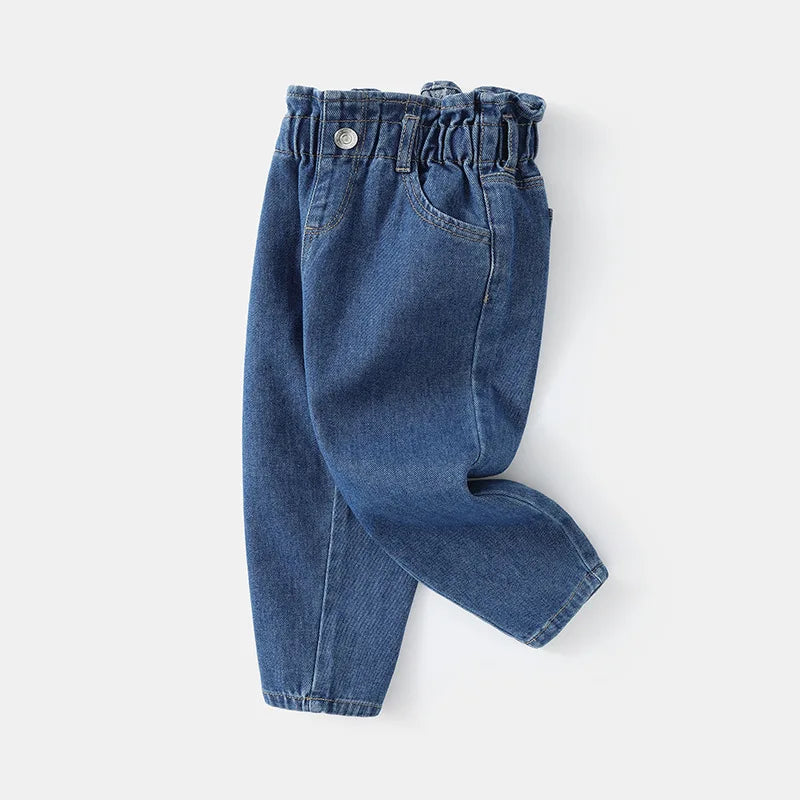 New Kid's Jeans Girls Cute Solid Color Denim Blue Pants Children High Waist Loose Trousers 1-5T