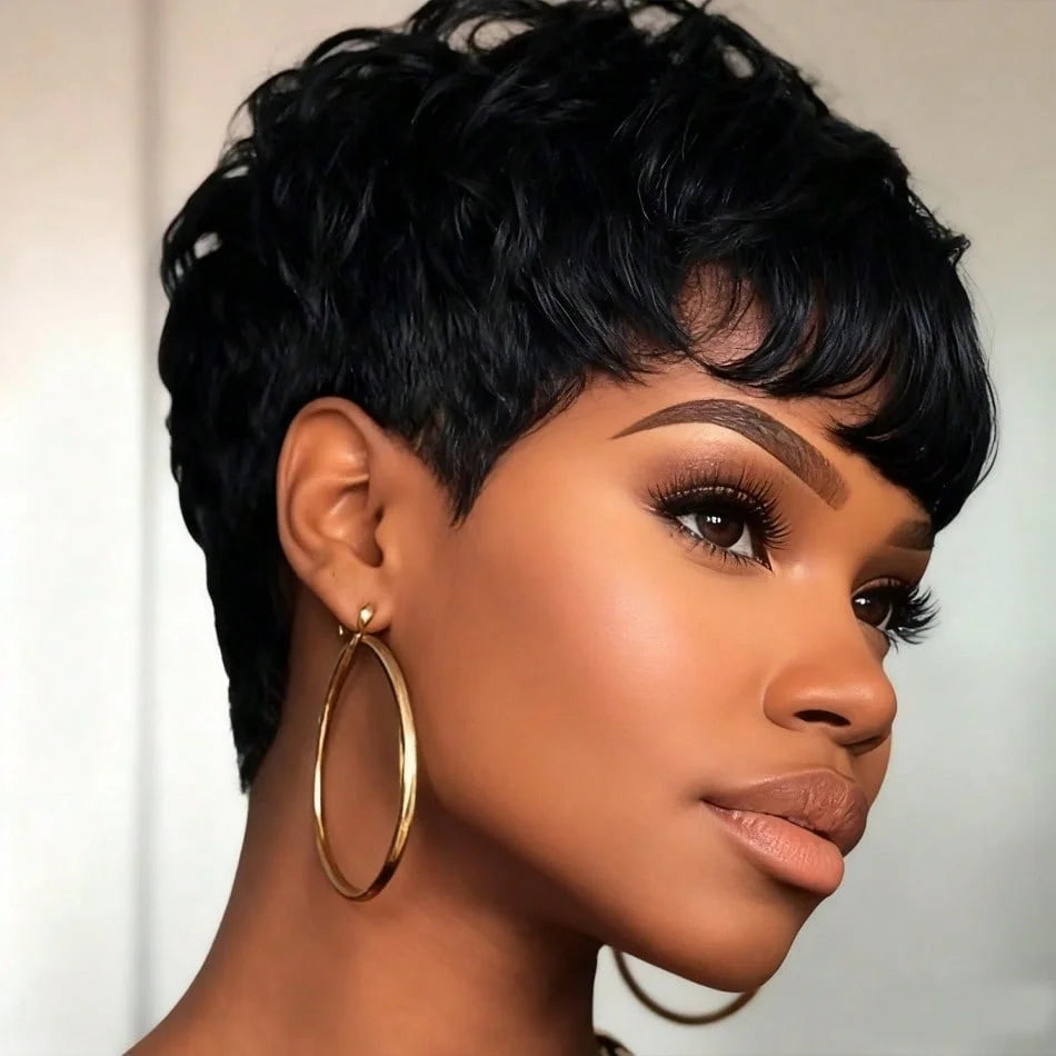 Peruvian Pixie Cut Straight With Bangs Wig