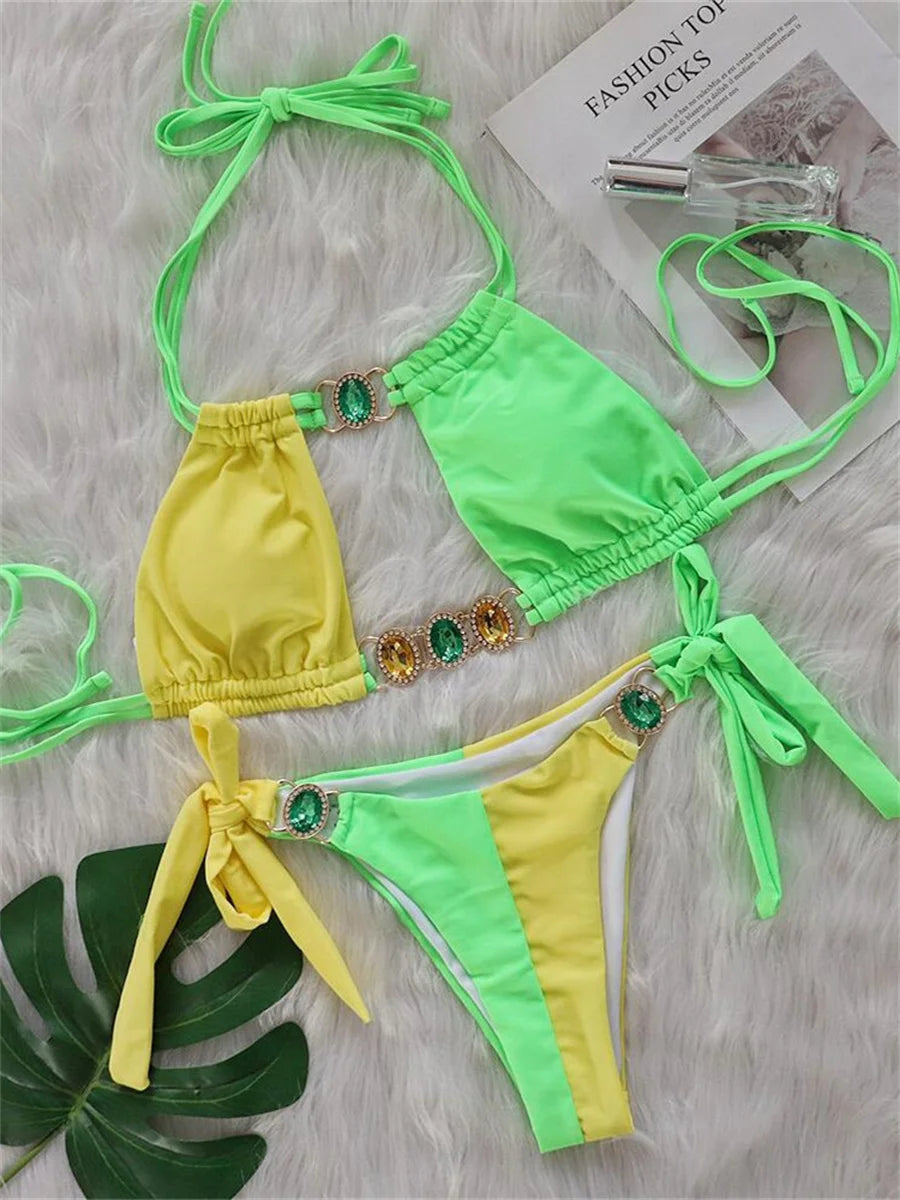 Rhinestones Splicing Bikini Set