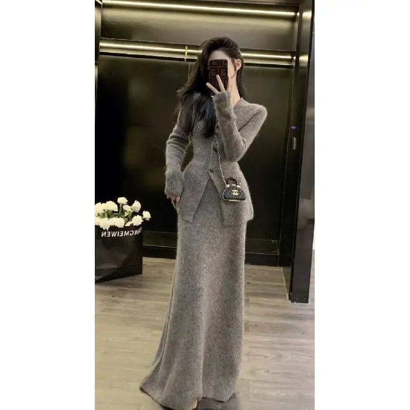Slim Fit Long Sleeved Knitted Sweater+ Half Length Skirt Two-Piece Set
