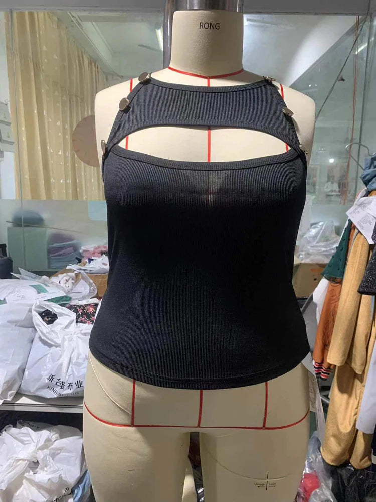 Front Cutout Contrast Mesh Button Detail Top