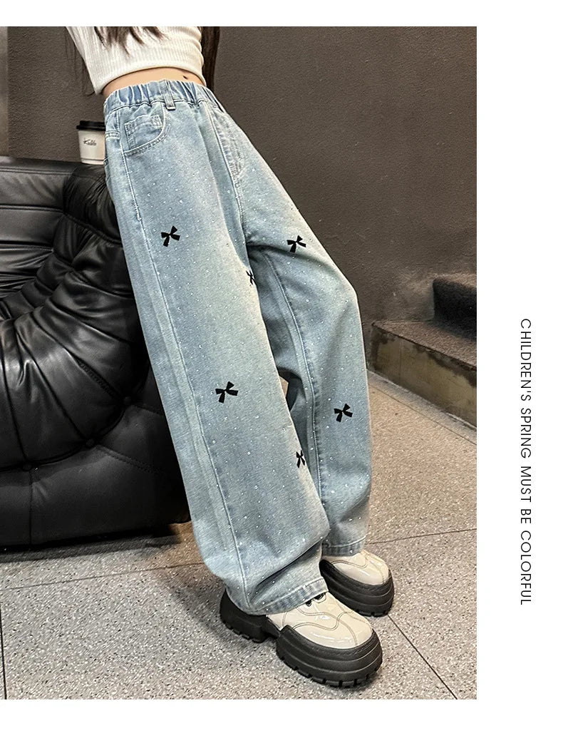 2026 Spring Child Casual Jeans with Bow Embroidery for Girl Fashion High Street Denim Pants Kids High-waisted Jeans Trousers