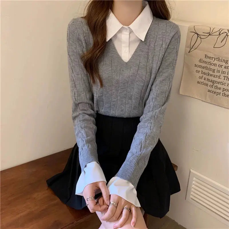 Fake Two Shirts, Knitted Sweater Women's Autumn/winter New Item Shirt Collar Niche Sweater Long Sleeved Top Inner Layer as Base