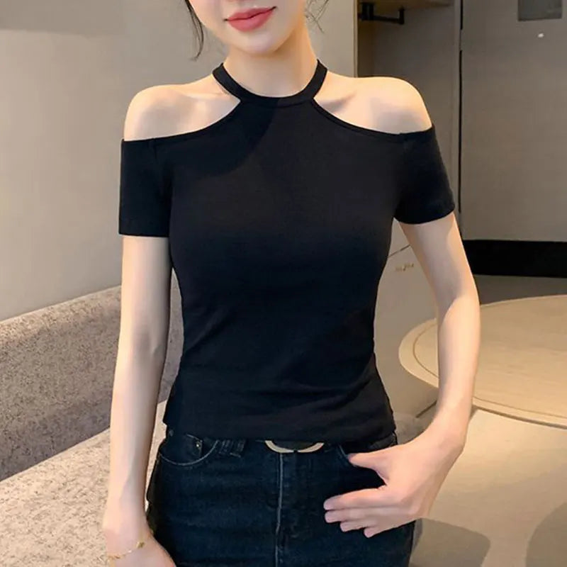 Halter Off Shoulder Short Sleeve T-Shirt