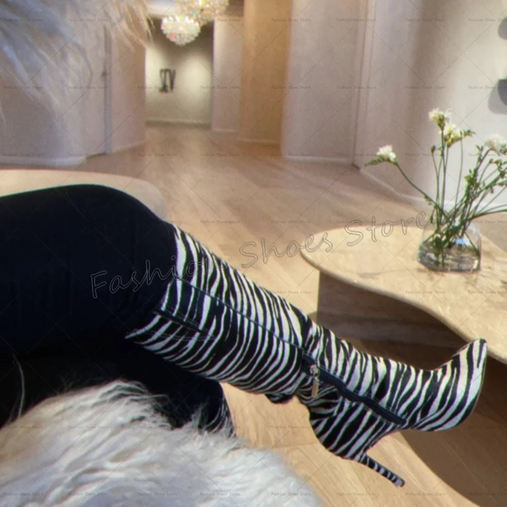 Zebra Pattern Side Zipper Pointed Toe Boots
