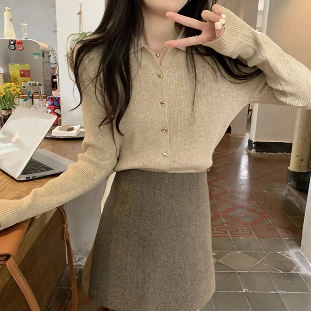 Autumn Elegant Fashion Solid Knit Cardigan Women Clothing Chic Turn-down Collar Long Sleeve Sweater All-match Elegant Button Top