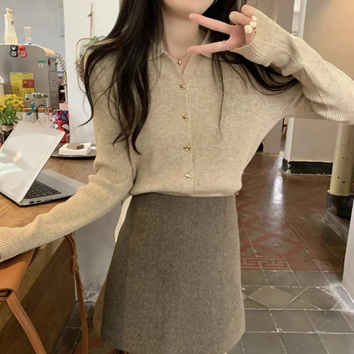 Autumn Elegant Fashion Solid Knit Cardigan Women Clothing Chic Turn-down Collar Long Sleeve Sweater All-match Elegant Button Top