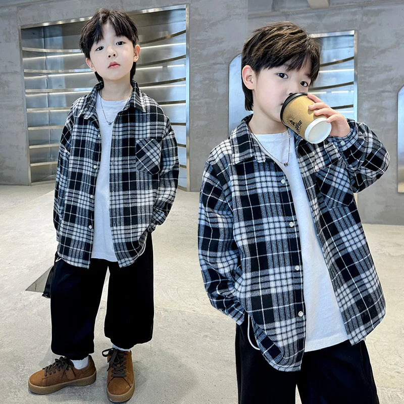 Classic Design Boys Girl Long Sleeve Plaid Shirt Clothes Teenage Kids School Shirts Blouse Children Casual Spring Autumn Clothes