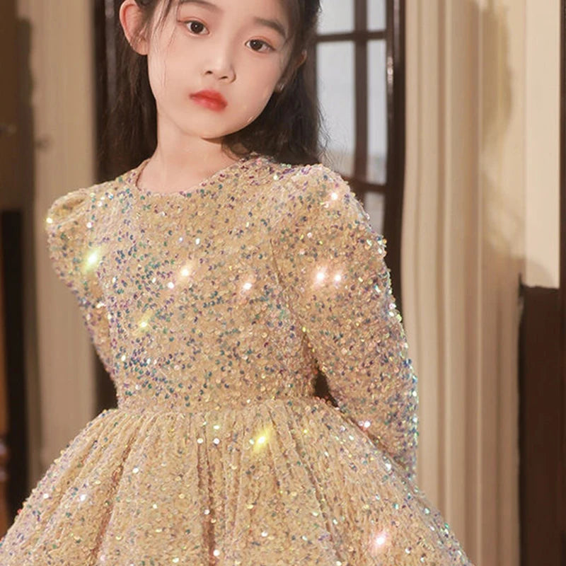 2-12 Yrs Flower Girls Dress Wedding Birthday Dress Golden Sequin Lace First Communion Dresses for Girls Baptism Party Vestidos
