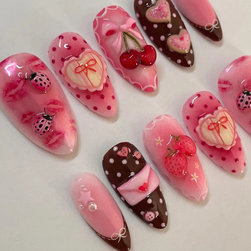 10pcs Handmade Press on Nails Hand Sculpted Valentine's Day 3D Nail Art