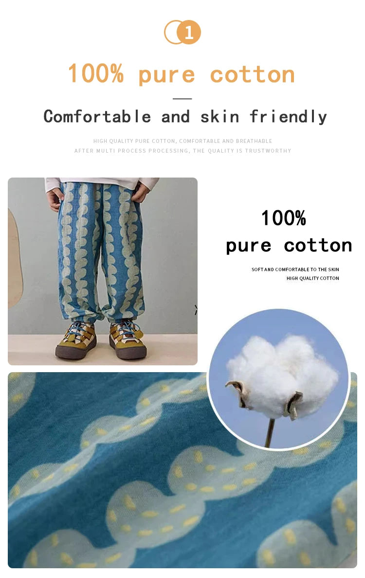 Kids Printed Mosquito-Repellent Pants Summer Boys Girls Pure Cotton Breathable Elastic Cuff Trousers for Baby Toddler Outdoor