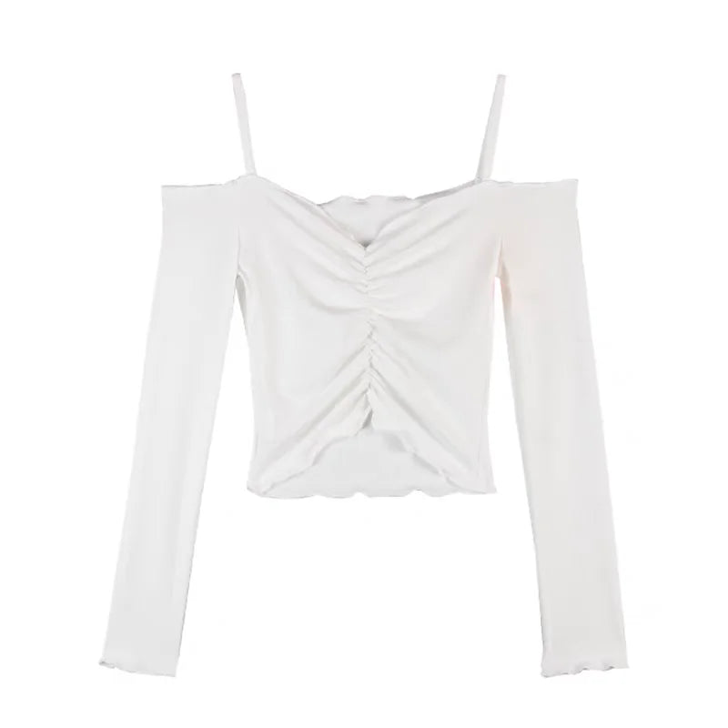 Women Off Shoulder Crop Tops Autumn Long Sleeve Corset Y2k Spice Girls Tops Korean Thin Black Slim Fit T-Shirt Lady Sexy Clothes