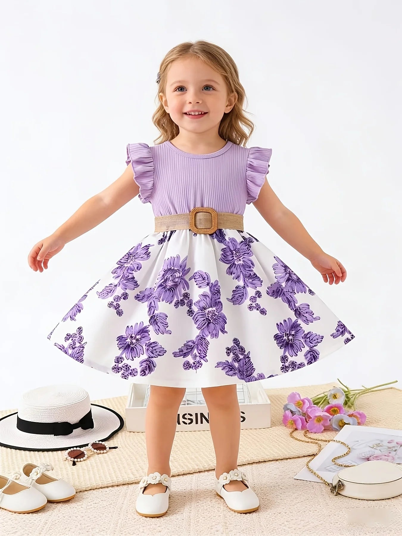 Purple White Patchwork Floral Ruffle Sleeve Dress