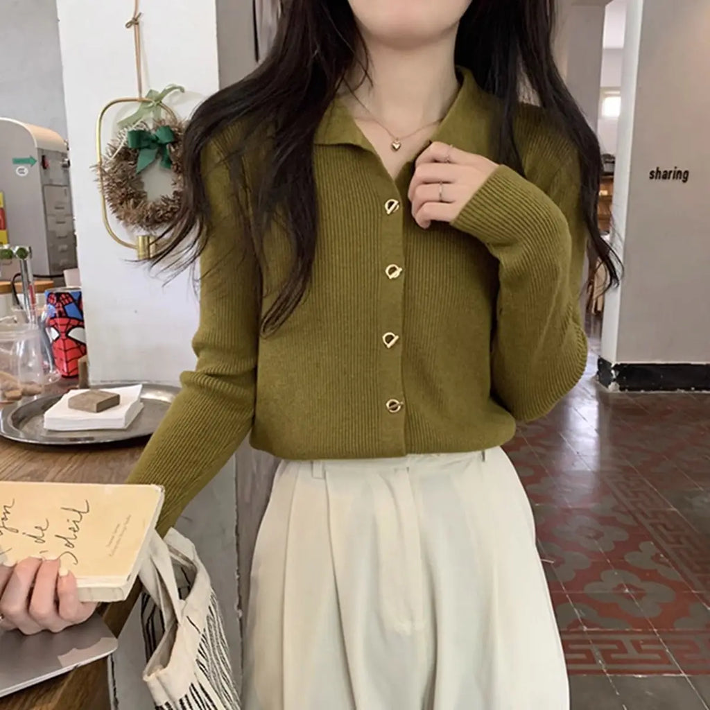 Autumn Elegant Fashion Solid Knit Cardigan Women Clothing Chic Turn-down Collar Long Sleeve Sweater All-match Elegant Button Top