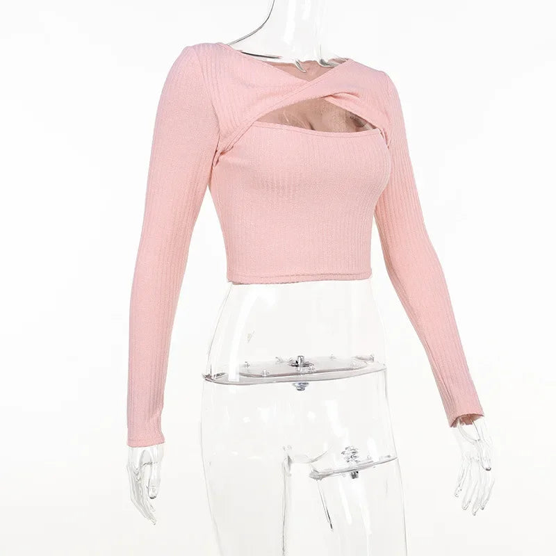 Hollow Out Sexy Long Sleeve Top for Women Spring Mesh Red Short Fitting Knit Sweater  Winter Thin Tops Sweet E8FH