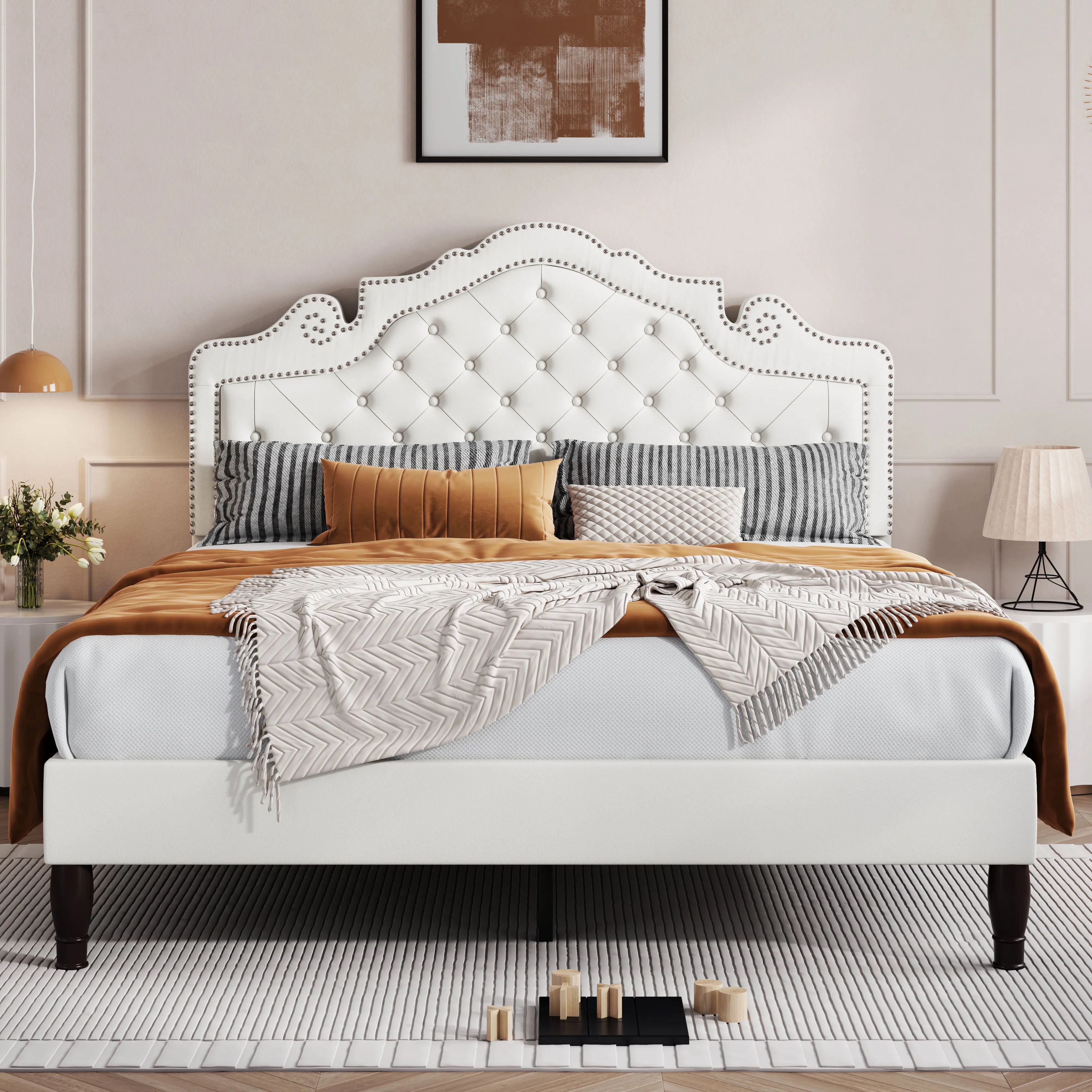 Bed Frame with Adjustable Velvet Tiara Headboard