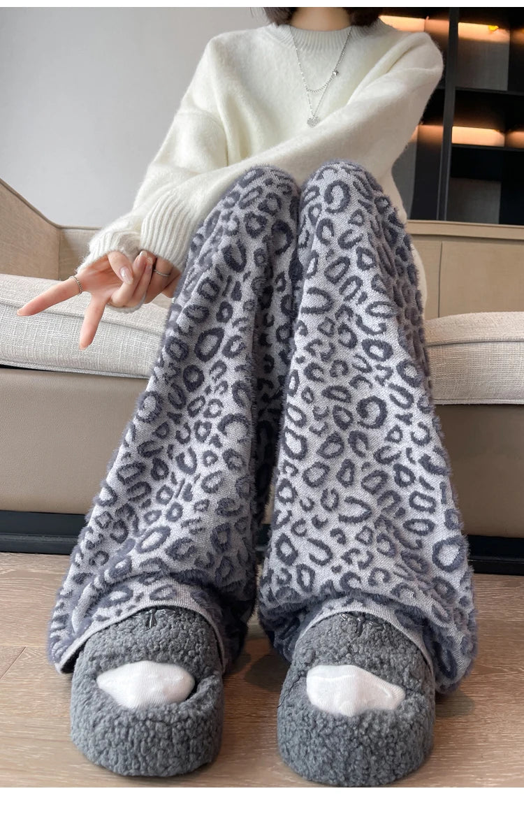 Leopard Print Contrast Color Basic Full Length Wide Leg Pants