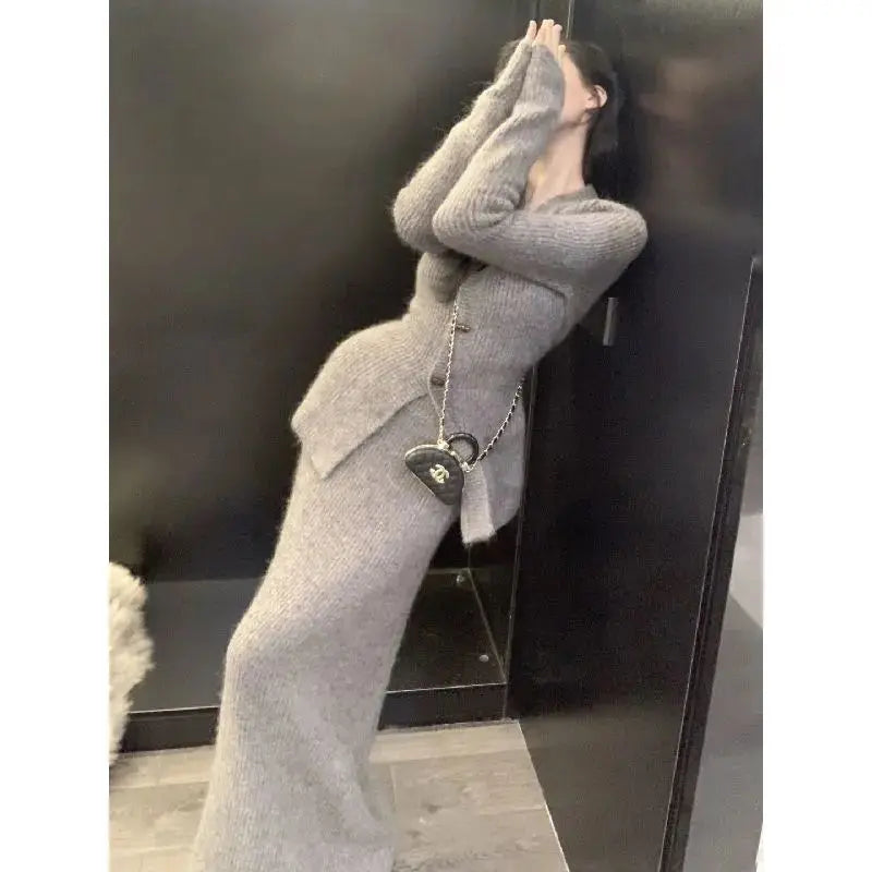 Slim Fit Long Sleeved Knitted Sweater+ Half Length Skirt Two-Piece Set