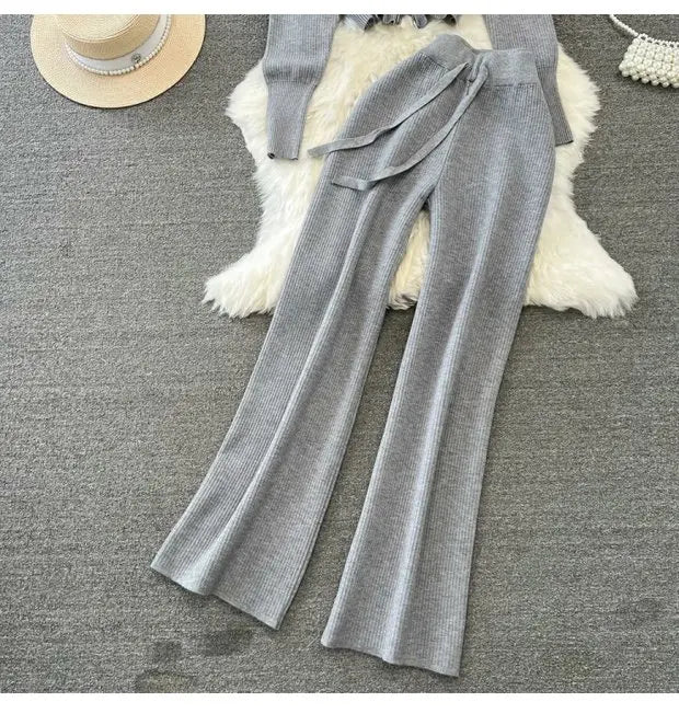 Zipper Hooded Slim Fit Knitted Sweatshirt Set